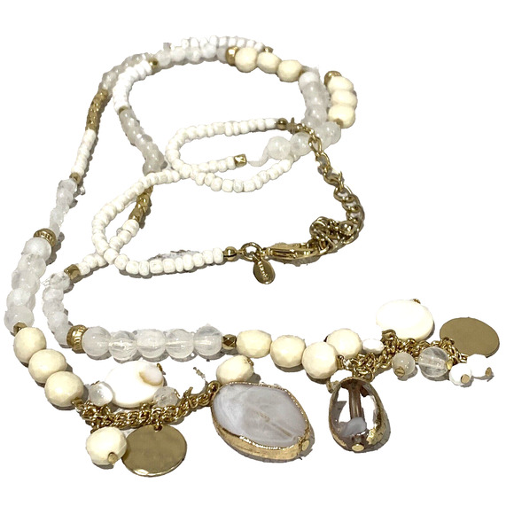 Chico’s Lariat Necklace White Crystals & Goldtone Beaded Tassels Necklace - Picture 5 of 8